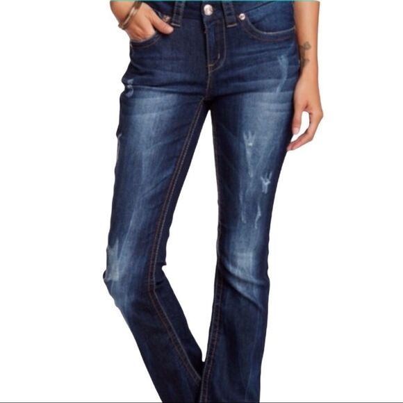 Western Low Rise Dark Denim Back Pockets Embroidered Bootcut Jeans NEW - Picture 3 of 4